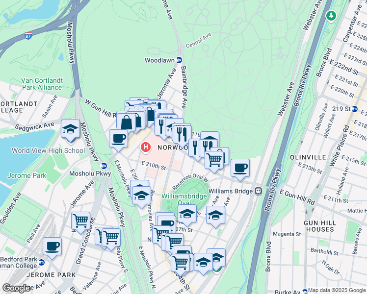 map of restaurants, bars, coffee shops, grocery stores, and more near 169 East Gun Hill Road in The Bronx