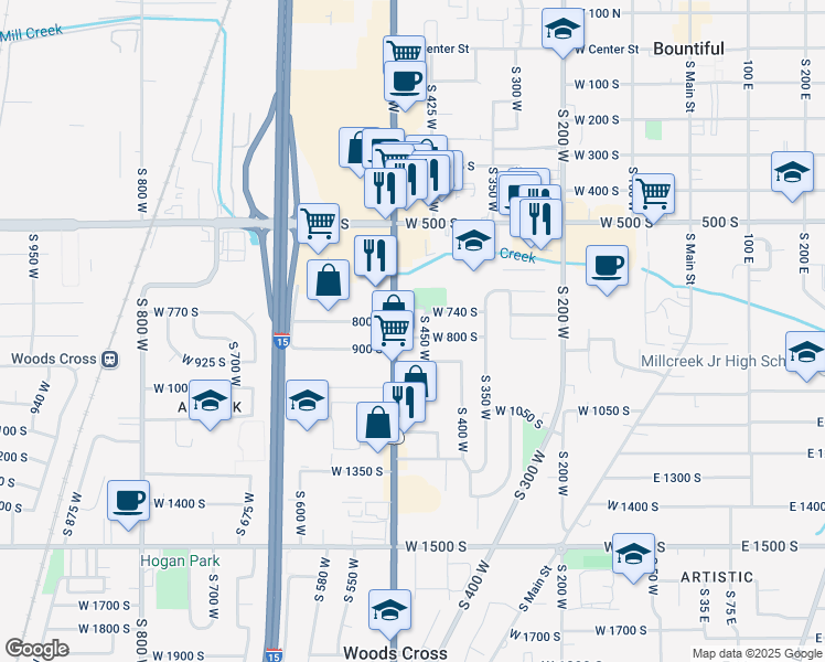 map of restaurants, bars, coffee shops, grocery stores, and more near 444 800 South in Bountiful