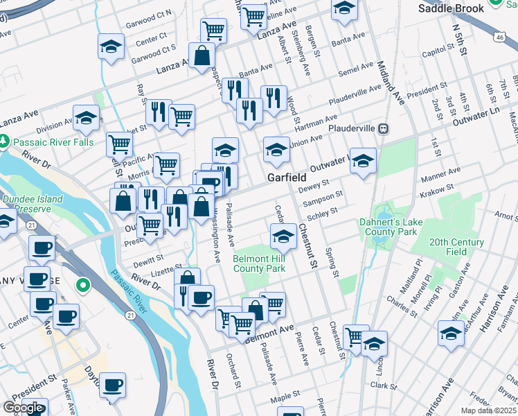 map of restaurants, bars, coffee shops, grocery stores, and more near 40 Dewey Street in Garfield