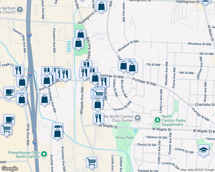 map of restaurants, bars, coffee shops, grocery stores, and more near 410 Sheraton Drive Northwest in North Canton