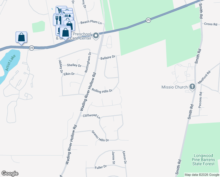 map of restaurants, bars, coffee shops, grocery stores, and more near 19 Rolling Hills Drive in Ridge
