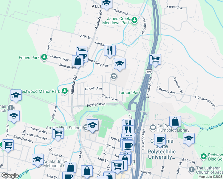 map of restaurants, bars, coffee shops, grocery stores, and more near 2268 Baldwin Street in Arcata