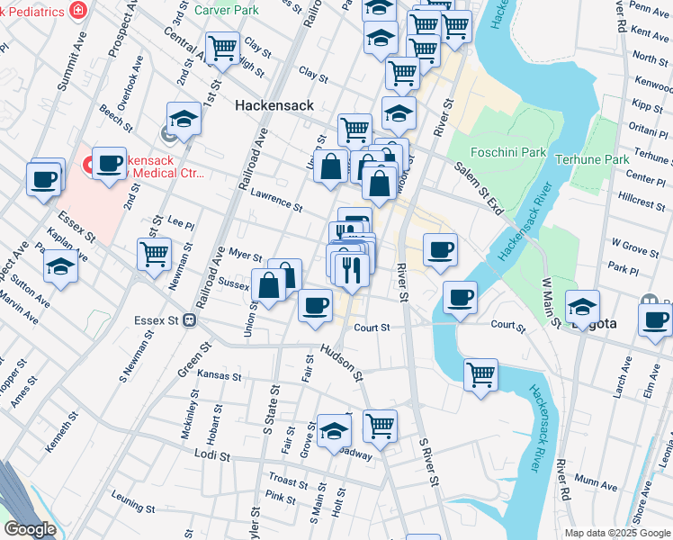 map of restaurants, bars, coffee shops, grocery stores, and more near 11 Atlantic Street in Hackensack