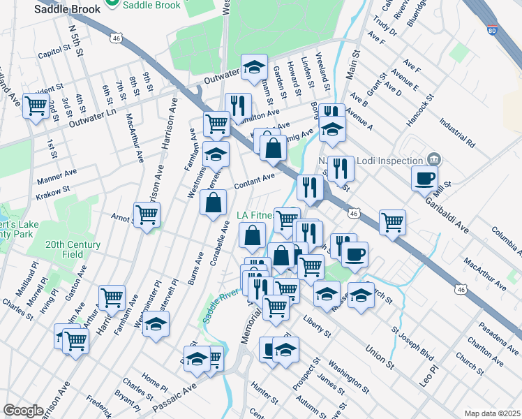 map of restaurants, bars, coffee shops, grocery stores, and more near 2424 Poplar Street in Lodi