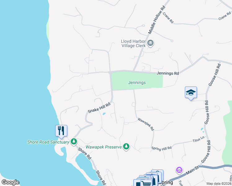 map of restaurants, bars, coffee shops, grocery stores, and more near 55 White Hill Road in Cold Spring Harbor