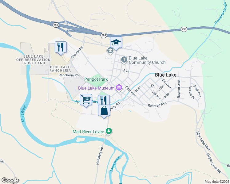 map of restaurants, bars, coffee shops, grocery stores, and more near 161 Gely Street in Blue Lake