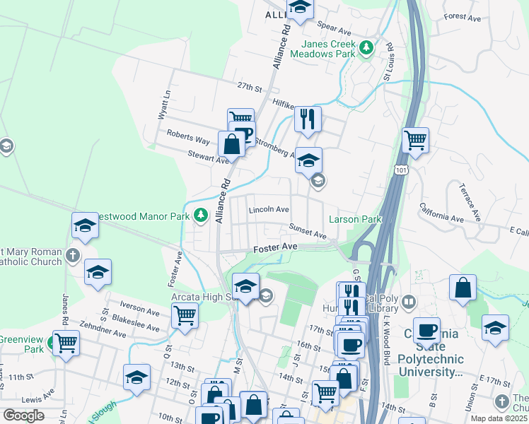 map of restaurants, bars, coffee shops, grocery stores, and more near 1315 Lincoln Avenue in Arcata