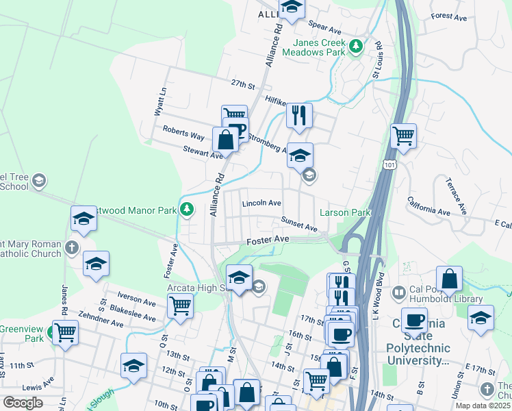 map of restaurants, bars, coffee shops, grocery stores, and more near 1285-1315 Lincoln Avenue in Arcata