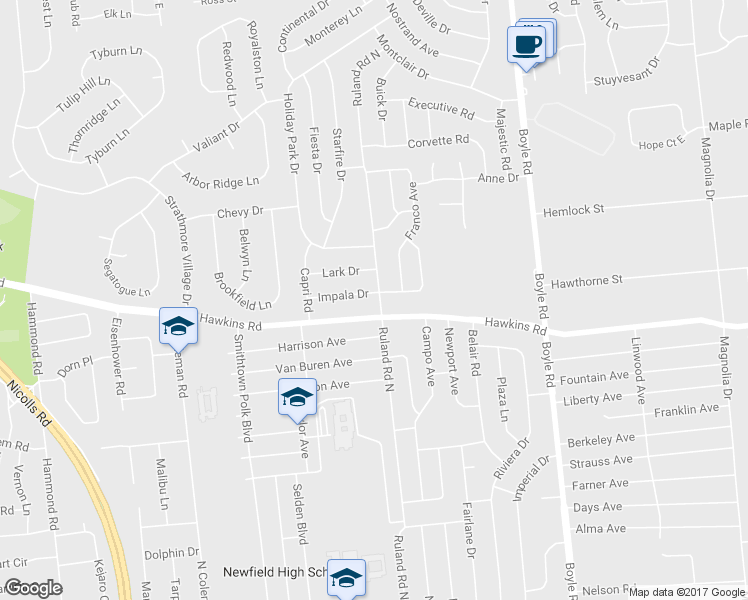 map of restaurants, bars, coffee shops, grocery stores, and more near 2 Impala Drive in Centereach