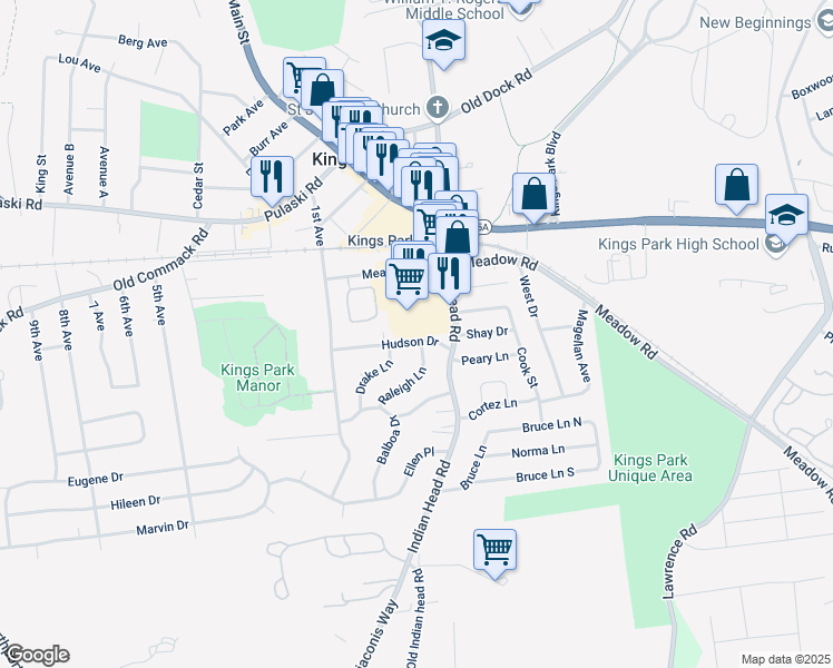 map of restaurants, bars, coffee shops, grocery stores, and more near 15 Hudson Drive in Kings Park