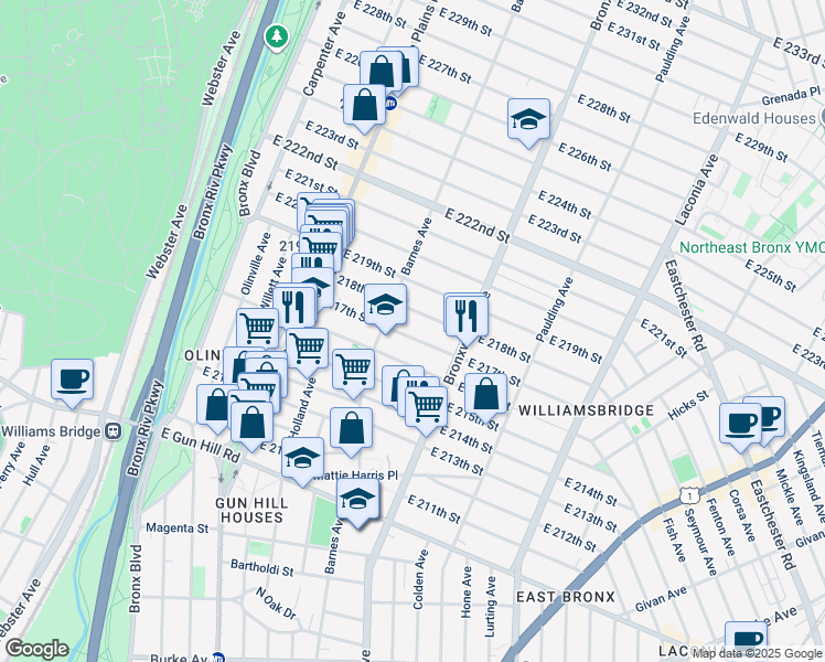 map of restaurants, bars, coffee shops, grocery stores, and more near 819 East 217th Street in Bronx