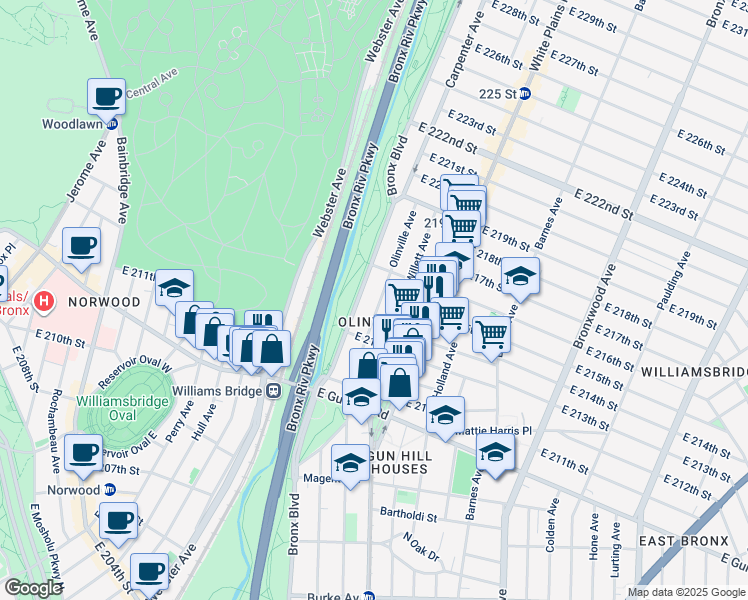 map of restaurants, bars, coffee shops, grocery stores, and more near in The Bronx