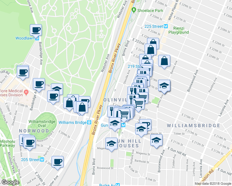 map of restaurants, bars, coffee shops, grocery stores, and more near 3632 Bronx Boulevard in Bronx