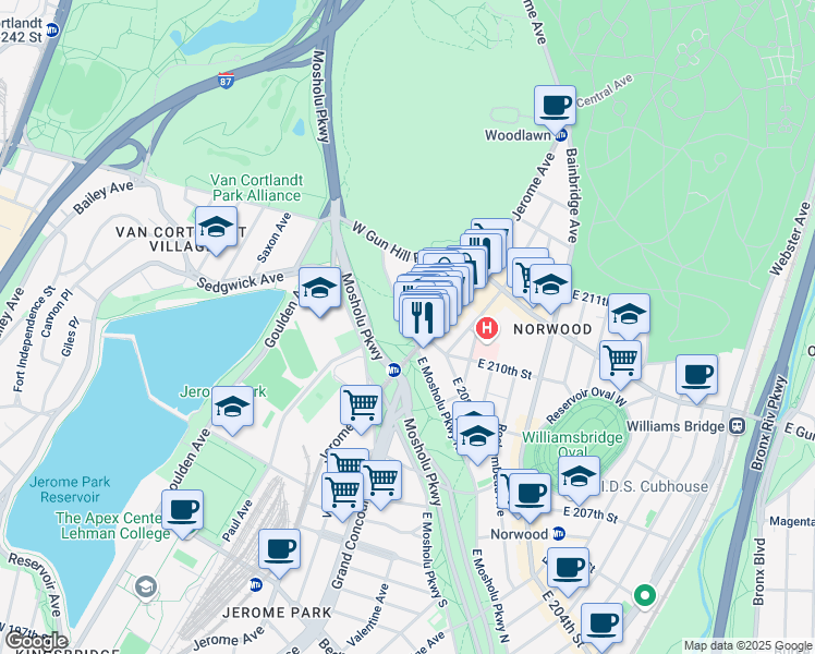 map of restaurants, bars, coffee shops, grocery stores, and more near 444 Jerome Avenue in The Bronx