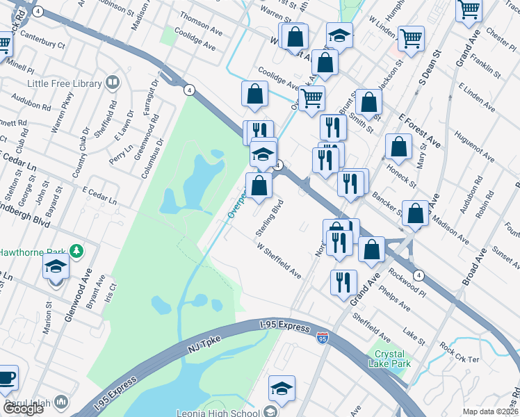 map of restaurants, bars, coffee shops, grocery stores, and more near 2206 Sterling Boulevard in Englewood