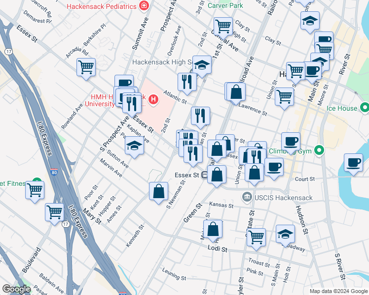 map of restaurants, bars, coffee shops, grocery stores, and more near 12 Lehigh Street in Hackensack