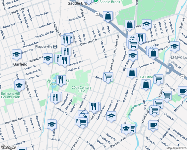 map of restaurants, bars, coffee shops, grocery stores, and more near 303 Malcolm Avenue in Garfield