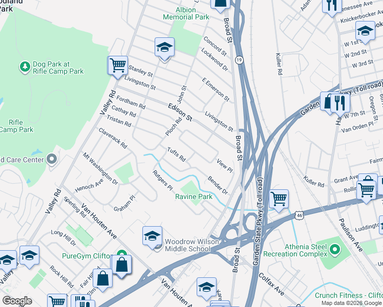 map of restaurants, bars, coffee shops, grocery stores, and more near 106 Mountainview Drive in Clifton