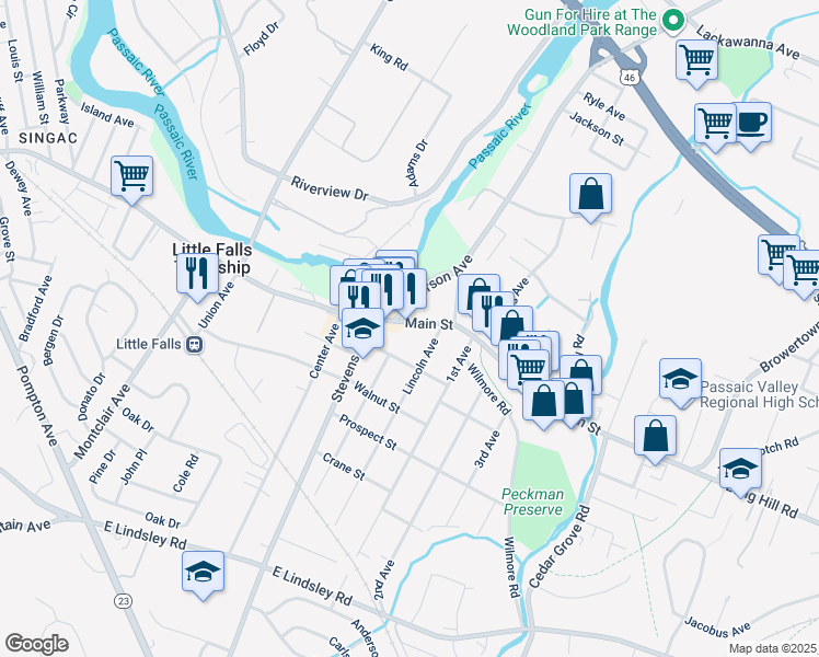 map of restaurants, bars, coffee shops, grocery stores, and more near 71 Main Street in Little Falls