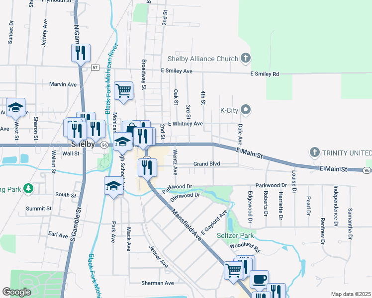 map of restaurants, bars, coffee shops, grocery stores, and more near 106 1/2 East Main Street in Shelby