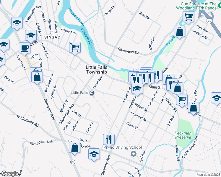 map of restaurants, bars, coffee shops, grocery stores, and more near 7 Shady Lane in Little Falls