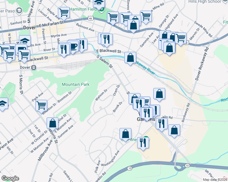 map of restaurants, bars, coffee shops, grocery stores, and more near 23 Oram Drive in Dover