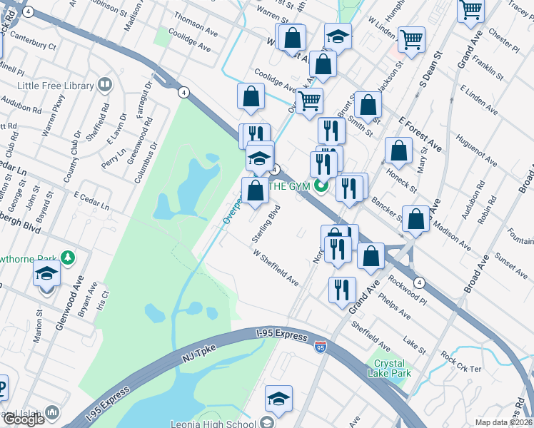 map of restaurants, bars, coffee shops, grocery stores, and more near 103 West Sheffield Avenue in Englewood