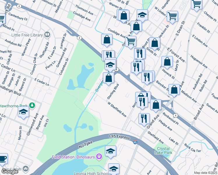 map of restaurants, bars, coffee shops, grocery stores, and more near 100 Sterling Boulevard in Englewood