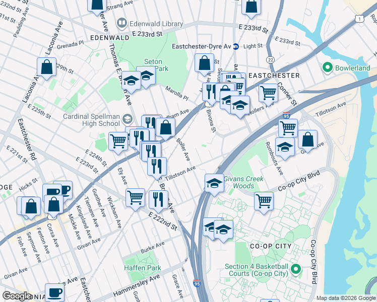 map of restaurants, bars, coffee shops, grocery stores, and more near 3423 Hunter Avenue in Bronx