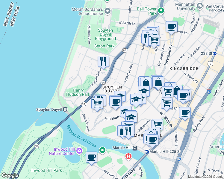 map of restaurants, bars, coffee shops, grocery stores, and more near in The Bronx