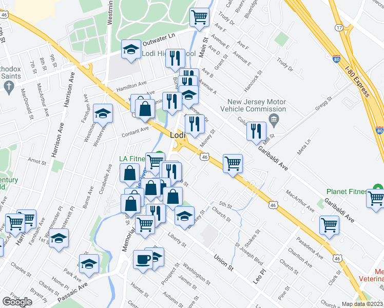 map of restaurants, bars, coffee shops, grocery stores, and more near 61 Money Street in Lodi