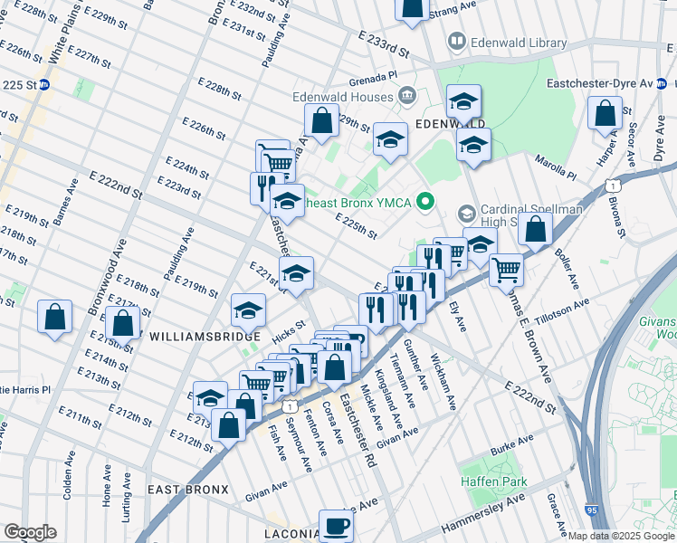 map of restaurants, bars, coffee shops, grocery stores, and more near 1226 East 223rd Street in Bronx