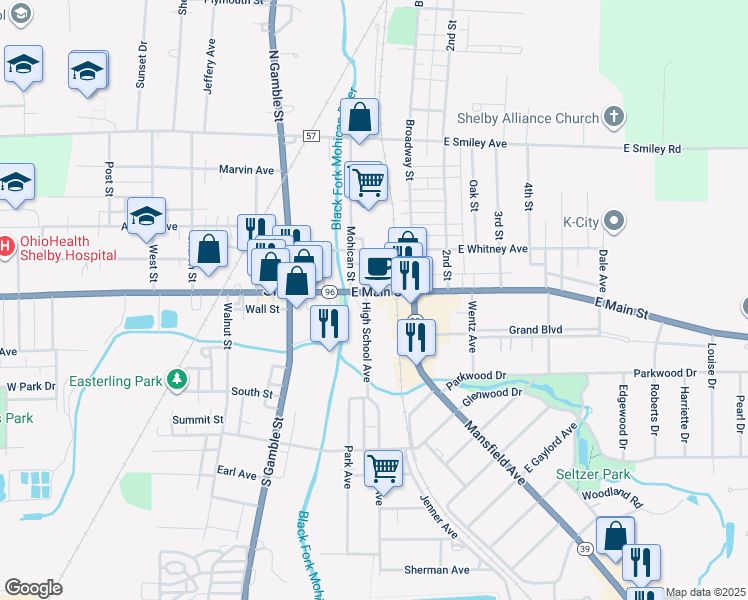 map of restaurants, bars, coffee shops, grocery stores, and more near 46 East Main Street in Shelby