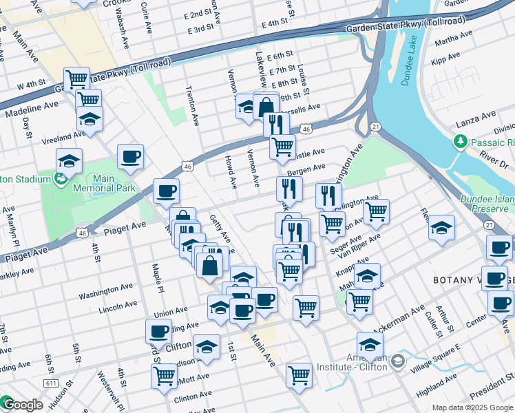 map of restaurants, bars, coffee shops, grocery stores, and more near 234 Hamilton Avenue in Clifton