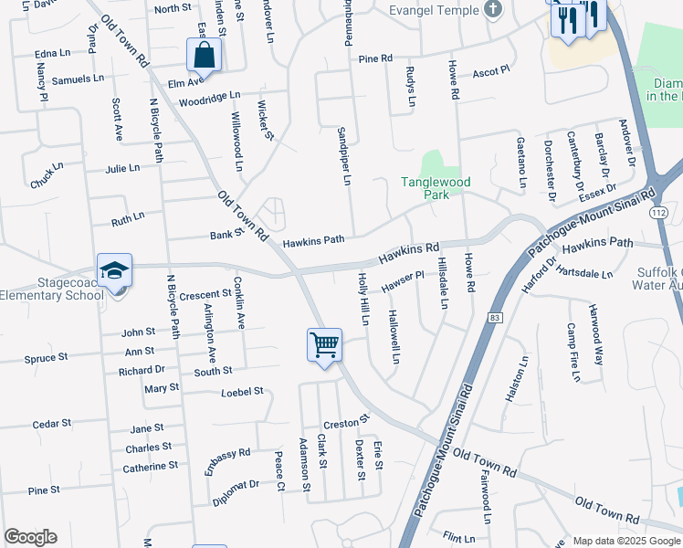 map of restaurants, bars, coffee shops, grocery stores, and more near 656 Hawkins Road East in Coram
