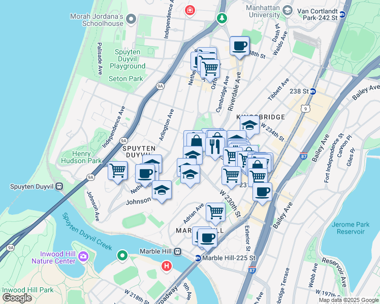 map of restaurants, bars, coffee shops, grocery stores, and more near 3030 Johnson Avenue in The Bronx