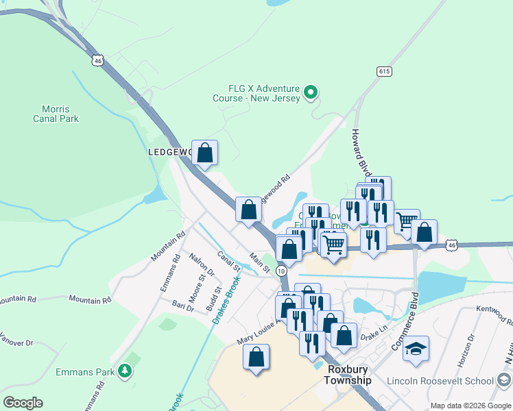 map of restaurants, bars, coffee shops, grocery stores, and more near 16 Mount Arlington Road in Roxbury Township