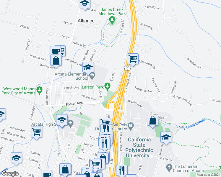 map of restaurants, bars, coffee shops, grocery stores, and more near 2310 Eye Street in Arcata