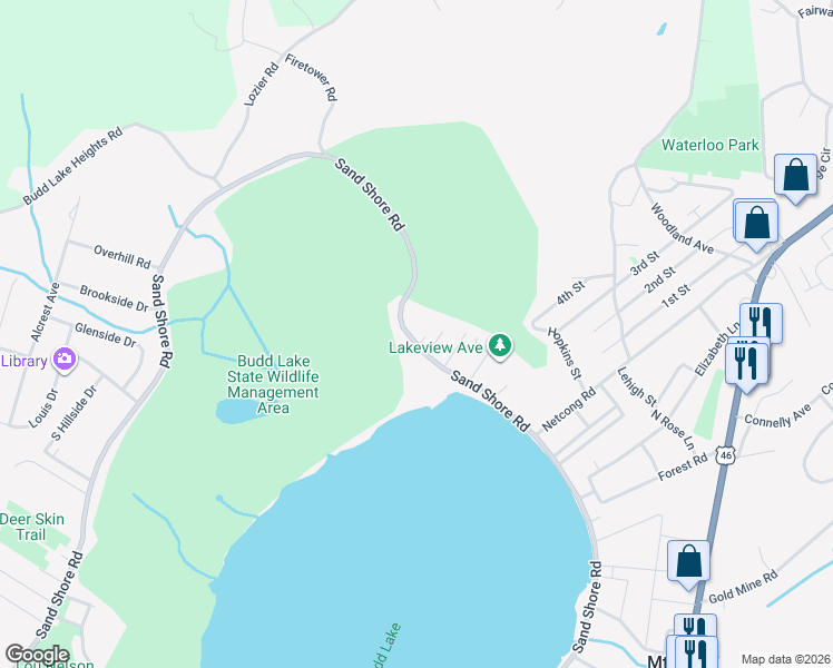 map of restaurants, bars, coffee shops, grocery stores, and more near 162 Sand Shore Road in Mount Olive Township