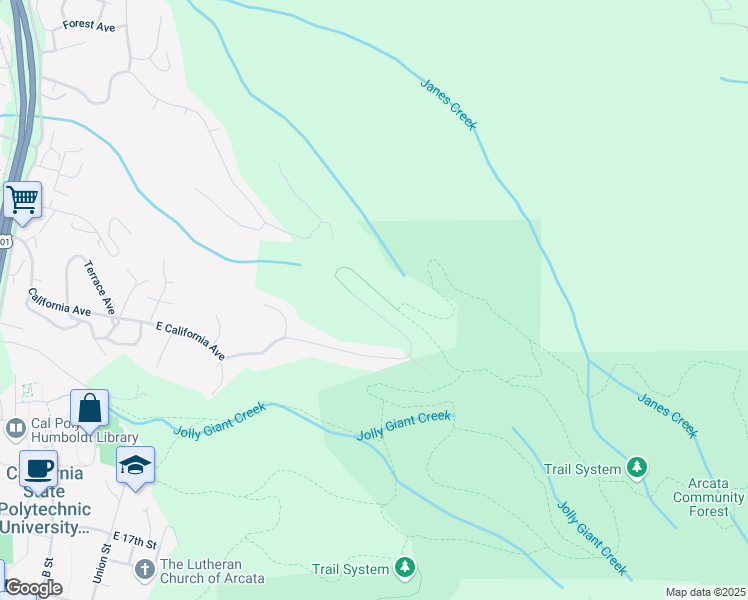 map of restaurants, bars, coffee shops, grocery stores, and more near 1205 East California Avenue in Arcata
