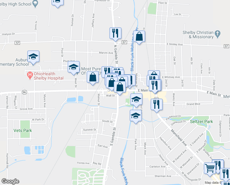 map of restaurants, bars, coffee shops, grocery stores, and more near 68 West Main Street in Shelby