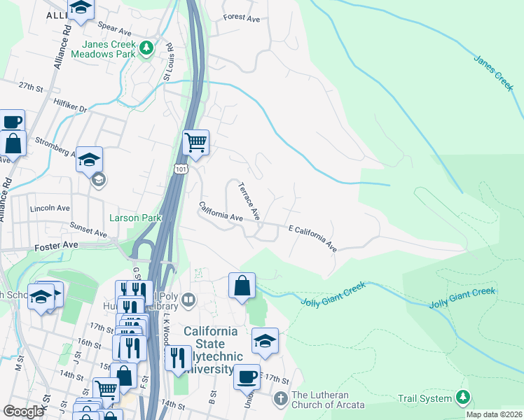 map of restaurants, bars, coffee shops, grocery stores, and more near 2712-2798 Green Briar Ln in Arcata