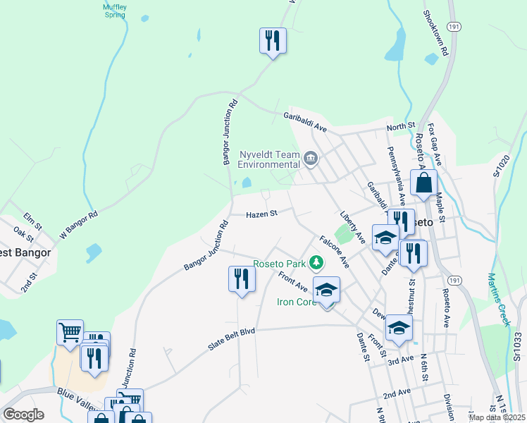 map of restaurants, bars, coffee shops, grocery stores, and more near 625 Hazen Street in Roseto