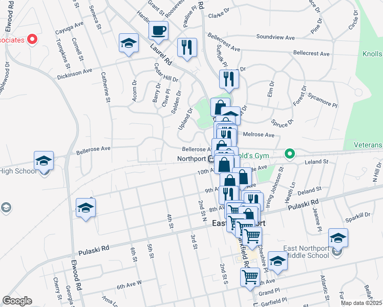 map of restaurants, bars, coffee shops, grocery stores, and more near 104 Bellerose Avenue in East Northport