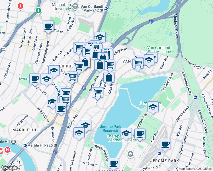 map of restaurants, bars, coffee shops, grocery stores, and more near 3450 Cannon Place in Bronx