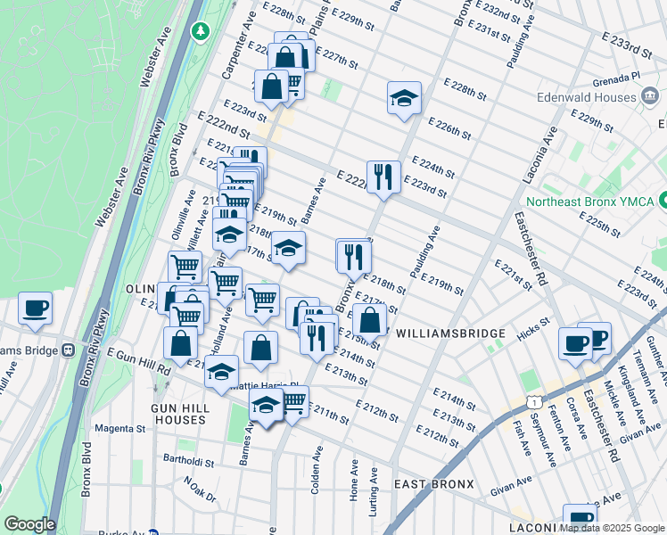 map of restaurants, bars, coffee shops, grocery stores, and more near 854 East 218th Street in The Bronx