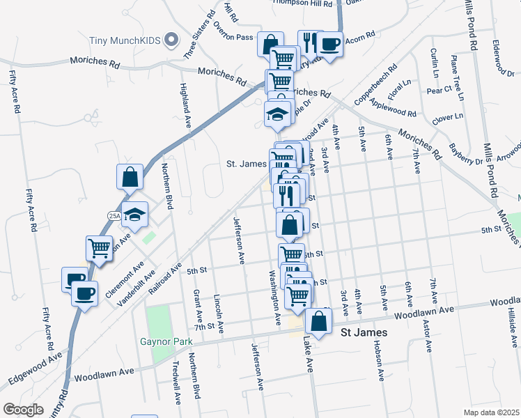 map of restaurants, bars, coffee shops, grocery stores, and more near 302 Washington Avenue in Saint James