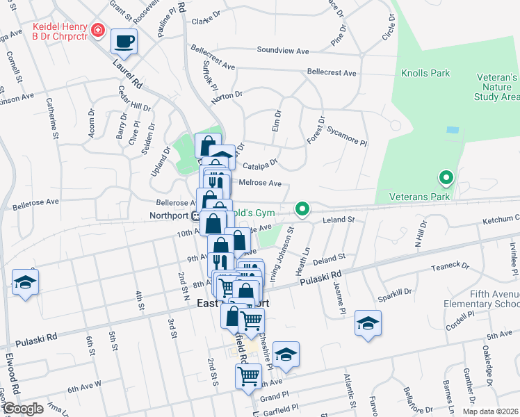map of restaurants, bars, coffee shops, grocery stores, and more near 180 Bellerose Avenue in East Northport
