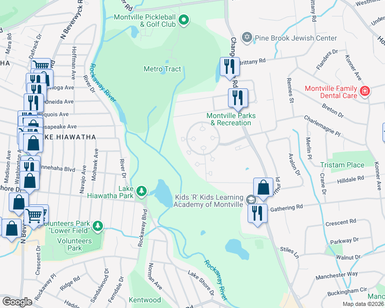 map of restaurants, bars, coffee shops, grocery stores, and more near 5 Jefferson Court in Montville