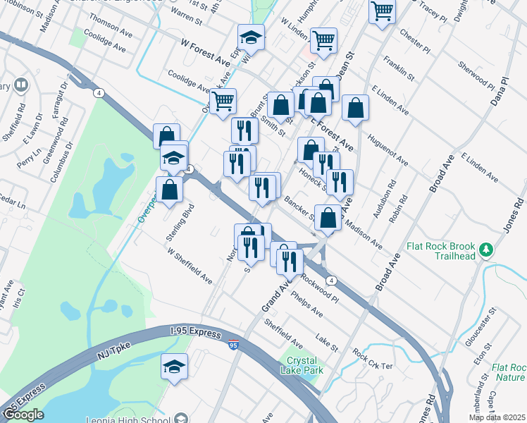 map of restaurants, bars, coffee shops, grocery stores, and more near 410 South Dean Street in Englewood